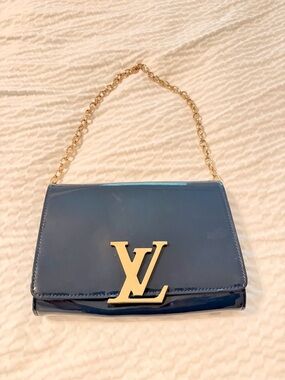 Navy Patent Leather Shoulder Bag with Gold Chain